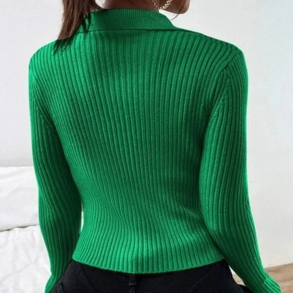 Zip up Front Knit Sweater Cardigan Green - Picture 4 of 10
